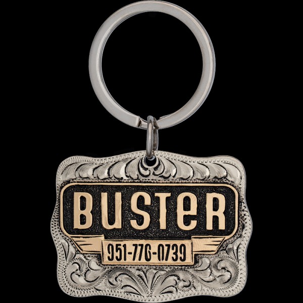 Introducing a signature tag: the Buster Custom Dog Tag! Crafted from a sturdy German Silver base, featuring bold jeweler's bronze letters with black enamel. Customize it now!